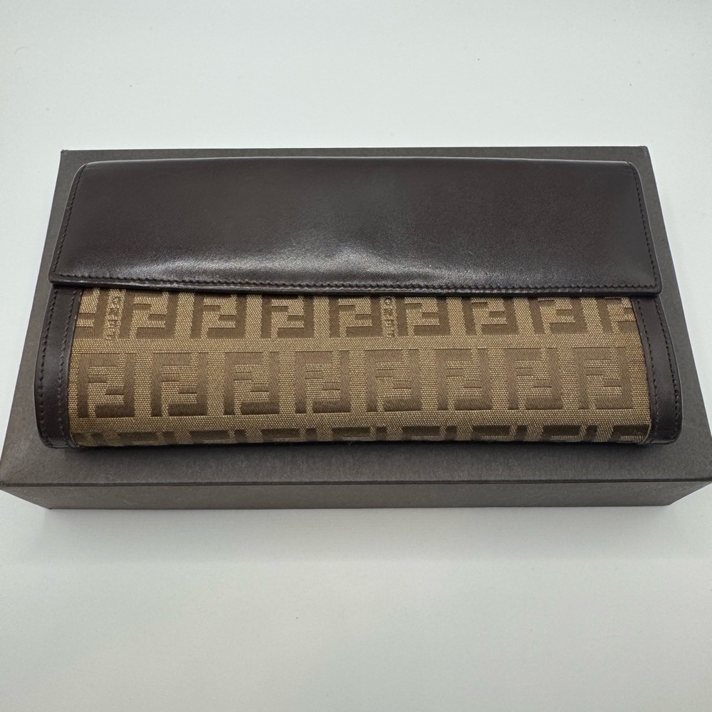 Authentic Fendi Brown Zucchino Leather Canvas Long Continental Wallet